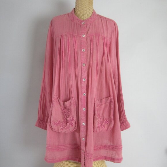 April Cornell Womens M Pink Baby Doll Dress Floral Embroidered Long Tunic Top - Picture 1 of 16